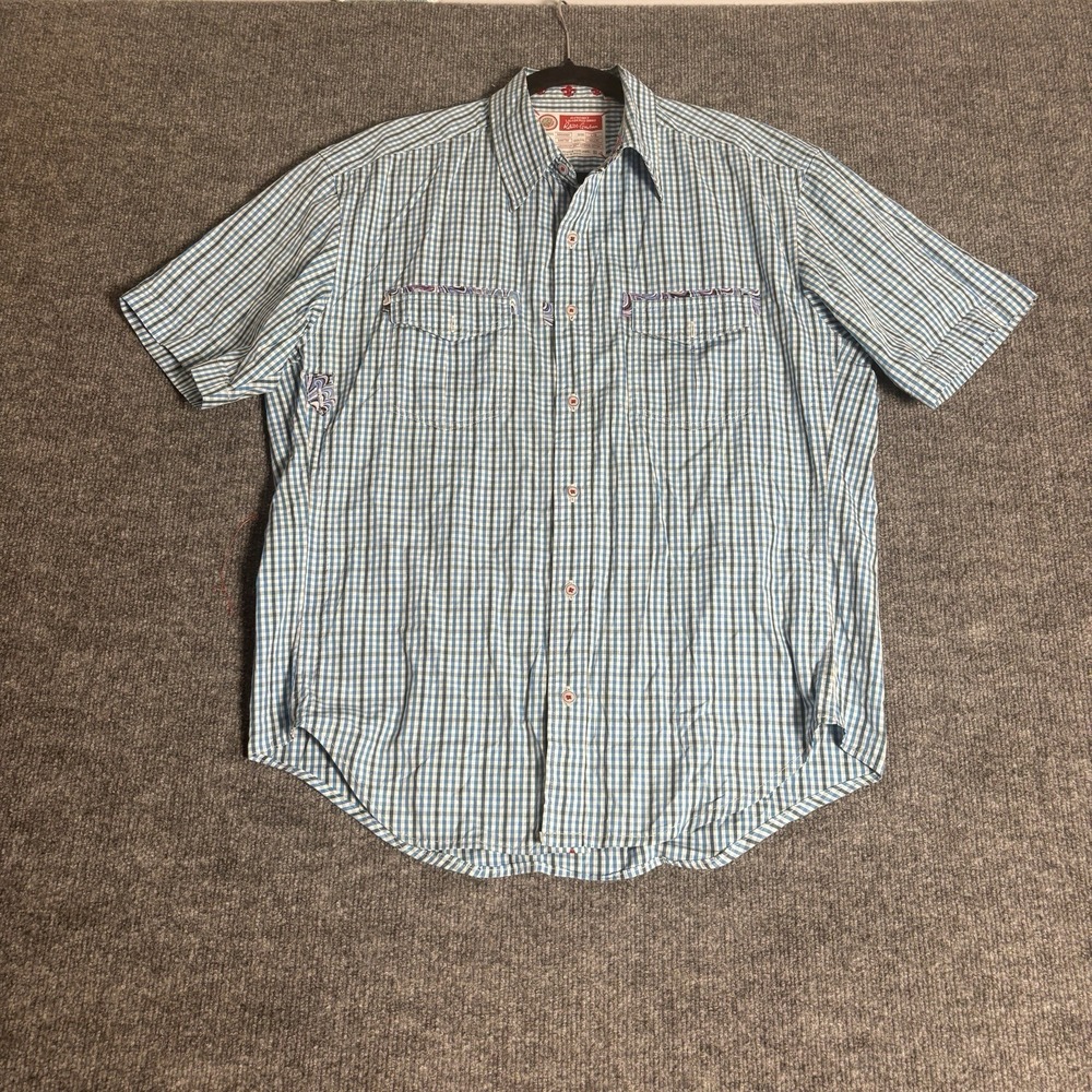 Robert Graham Freshly Laundered Shirt Mens L Blue Gingham Short Sleeve Cotton